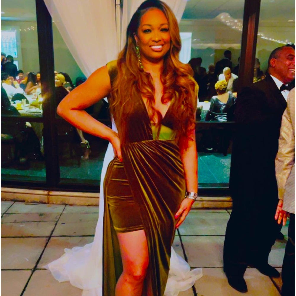 Olive green gown with split on the side